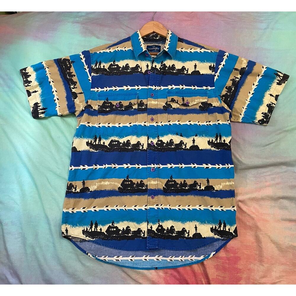Vintage 90s Wrangler Brushpopper Aztec Cowboy Shirt SS Button Down Sz L Rodeo 16
